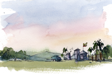 Aquarellzeichnung einer Landschaft in Myanmar. Neben einem stilisierten Militärposten steht ein Truppentransporter.