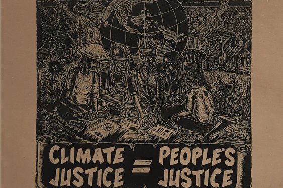 Klimagerechtigkeit bedeutet Gerechtigkeit für alle, Holzschnitt von Taring Padi